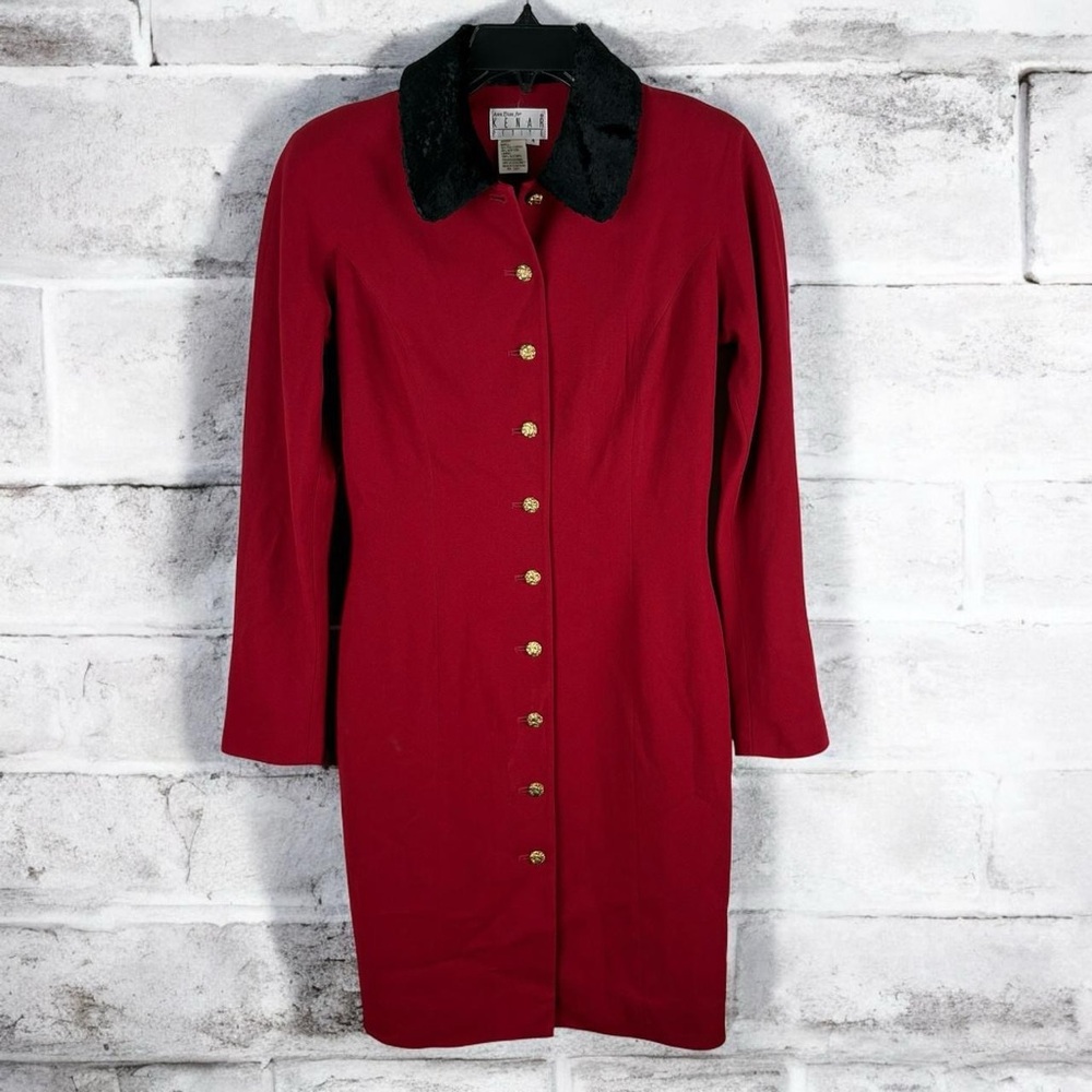 Vintage Kenar Petite Red Dress Coat Black Faux Fur Collar Gold Buttons Size 4